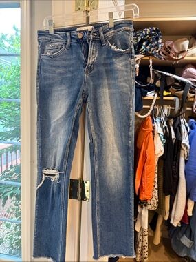 Straight Leg Distressed Blue Jeans - Women's